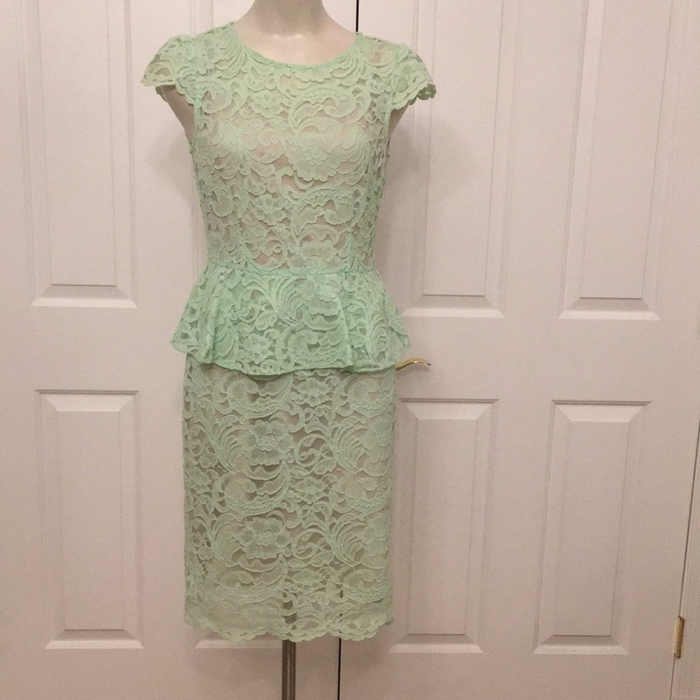 Mint green Tahari lace peplum midi dress